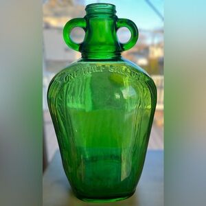 Large Vintage Green Glass 2 Handled Jug Bottle One Half Gallon farmhouse rustic